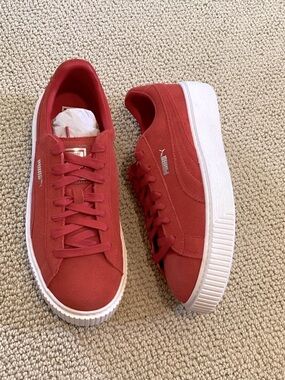 Puma Cherry Red Suede Platform Sneakers with White Sole